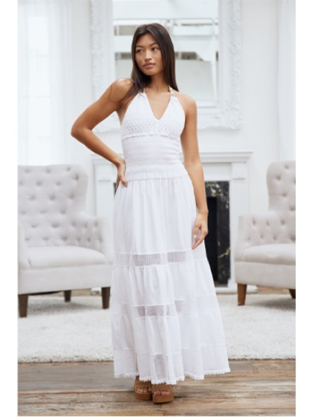 Smocked Halter Crochet Maxi Dress in White